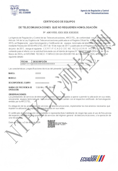 厄瓜多爾ARCOTEL認(rèn)證證書